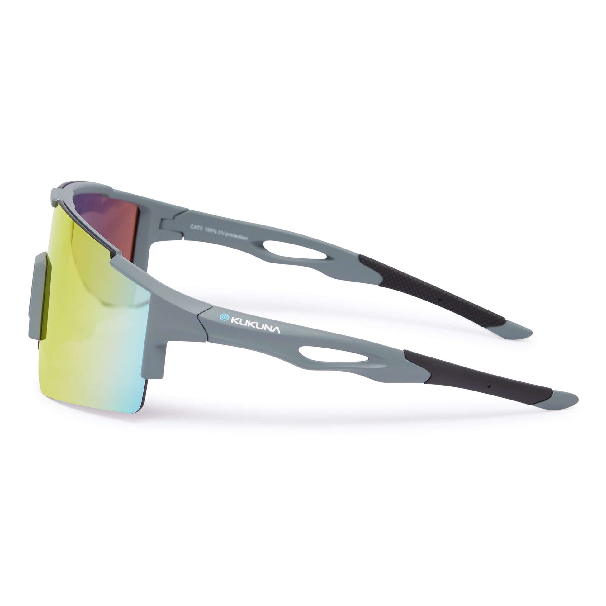 Kukuna Apex performance sunglasses with grey frame and red mirror lenses left side view