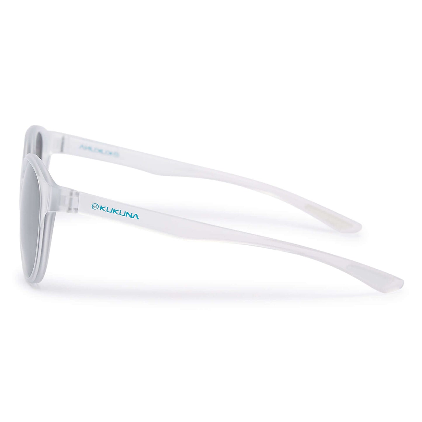 Kukuna® Hope Cove lifestyle sunglasses with grey lens and clear frosted TR90 frame, featuring a sleek black mirror design.