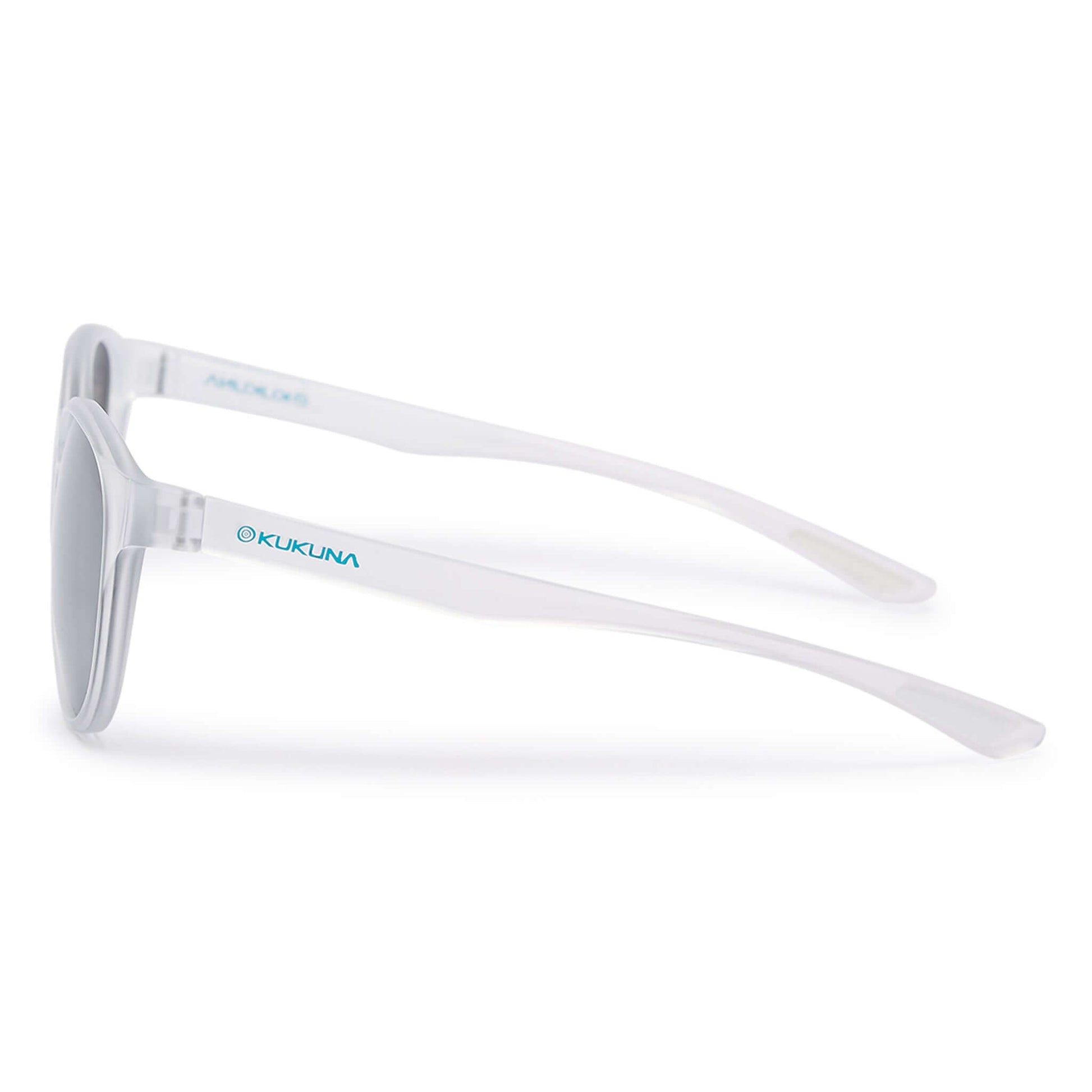 Kukuna® Hope Cove lifestyle sunglasses with grey lens and clear frosted TR90 frame, featuring a sleek black mirror design.