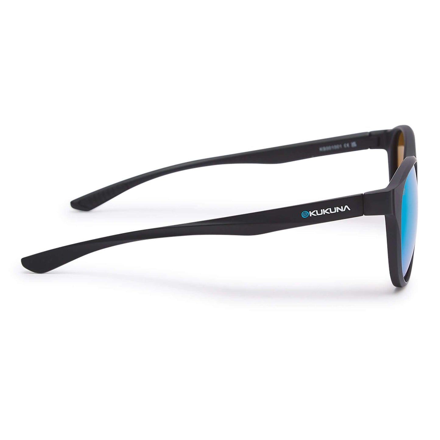 Kukuna® Hope Cove lifestyle sunglasses with green mirror lens, matte black TR90 frame, side view showcasing sleek design.