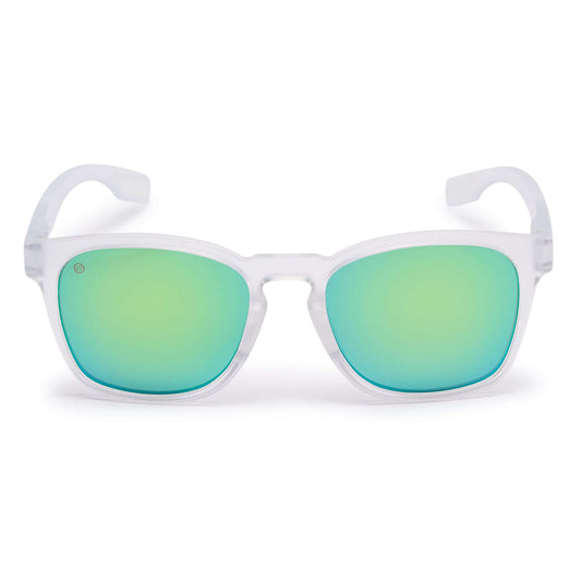Kukuna® Dawlish lifestyle sunglasses with clear frosted frame and green mirror lenses, perfect for outdoor adventures.