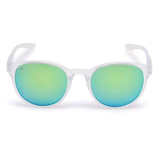 Kukuna® Hope Cove lifestyle sunglasses with clear frosted frame and green mirror lens, offering stylish UV protection.