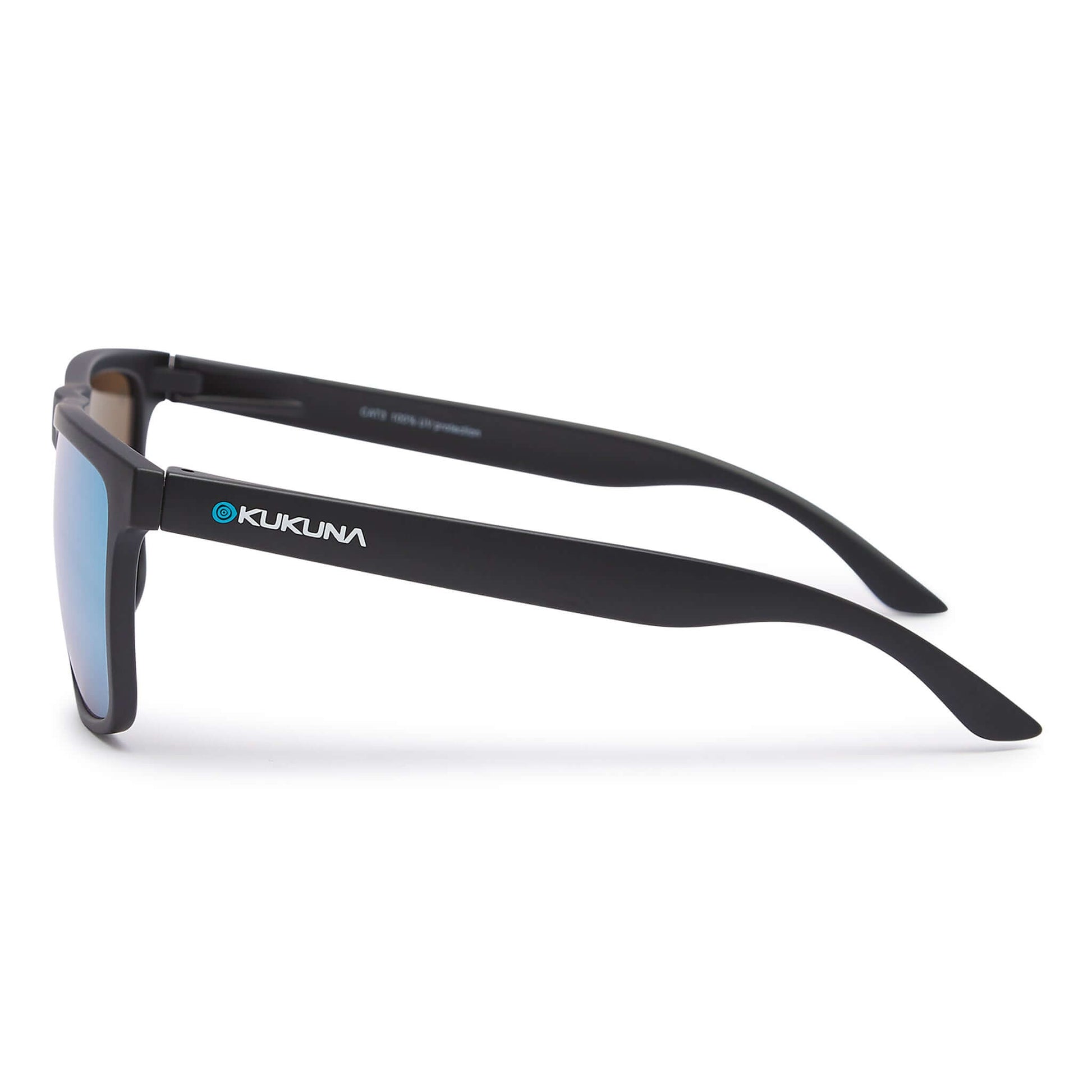 Kukuna® Barricane sports sunglasses with grey lens and blue mirror, featuring a matte black TR90 frame.