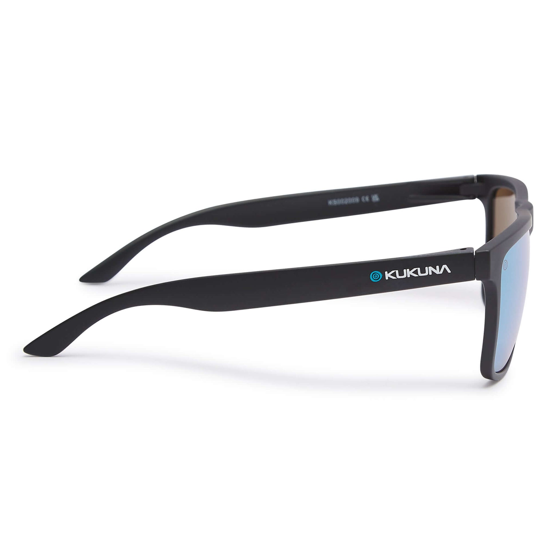 Kukuna® Barricane lifestyle sunglasses with grey lens and blue mirror on matte black TR90 frame, showcasing sleek design.