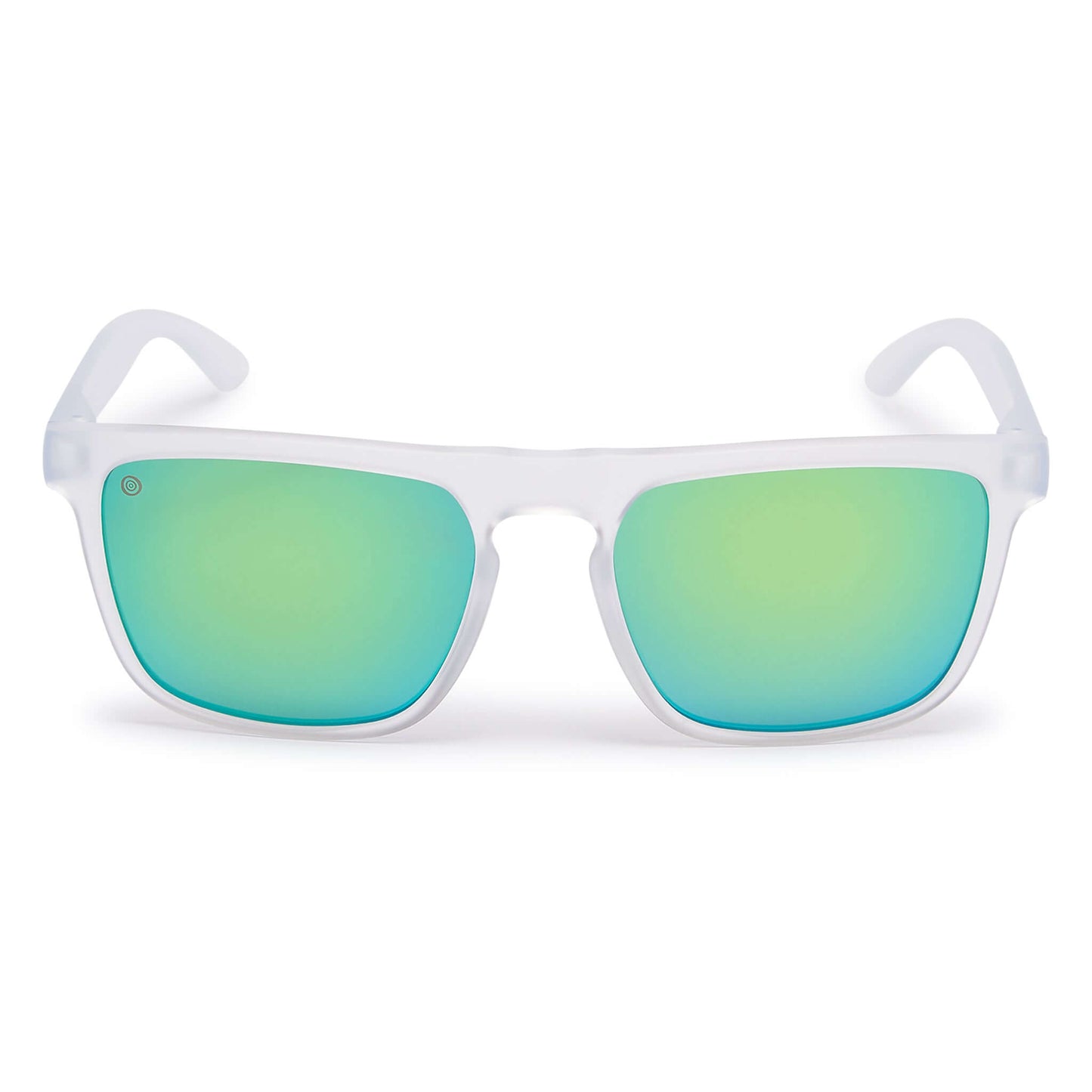 Kukuna Barricane polarised sunglasses with clear frosted frame and green mirror lenses