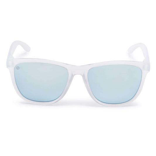 Kukuna® Fistral lifestyle sunglasses with grey lenses, blue mirror, and clear frosted TR90 frame, perfect for outdoor adventures.