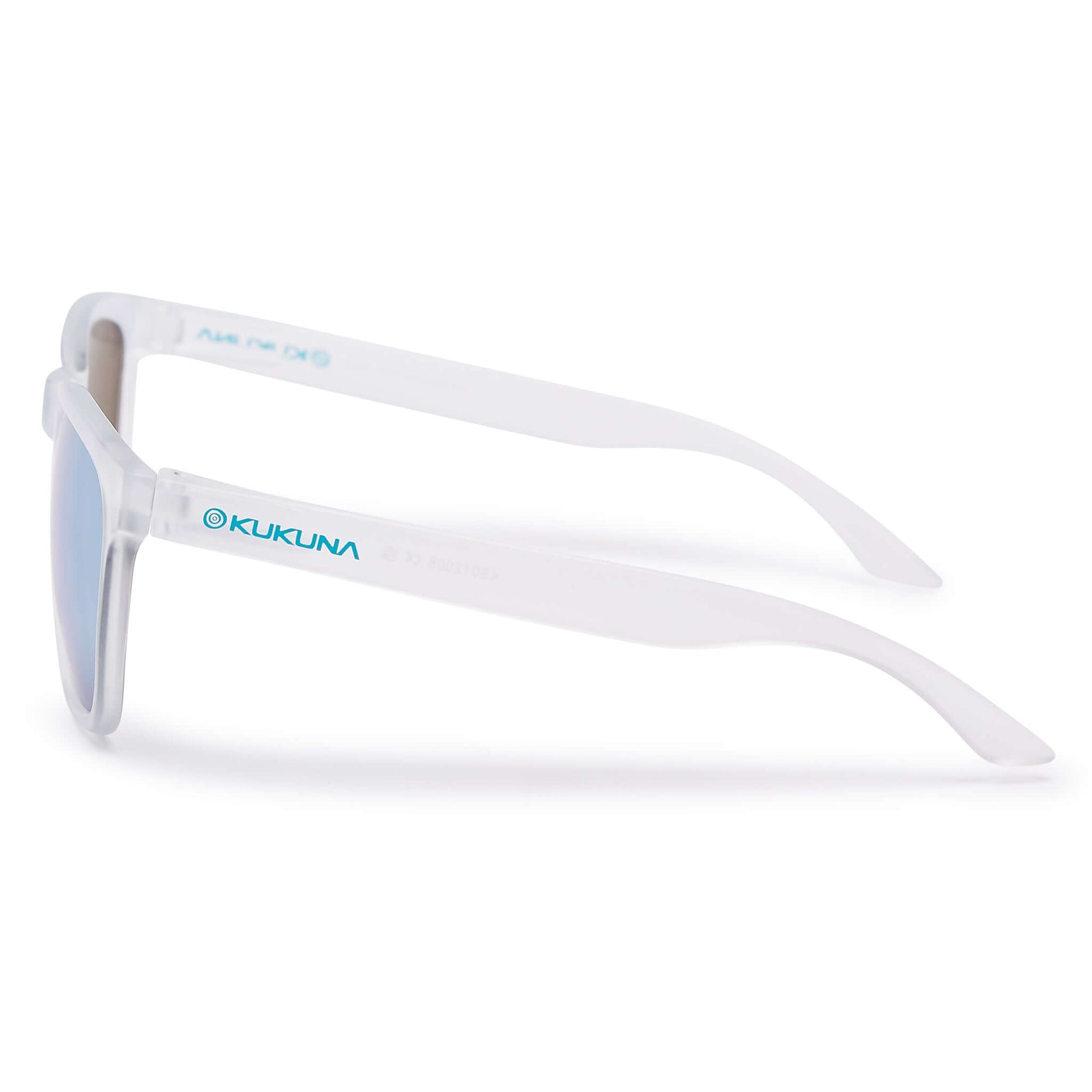 Kukuna® Fistral lifestyle sunglasses with grey lens and blue mirror in a clear frosted TR90 frame.