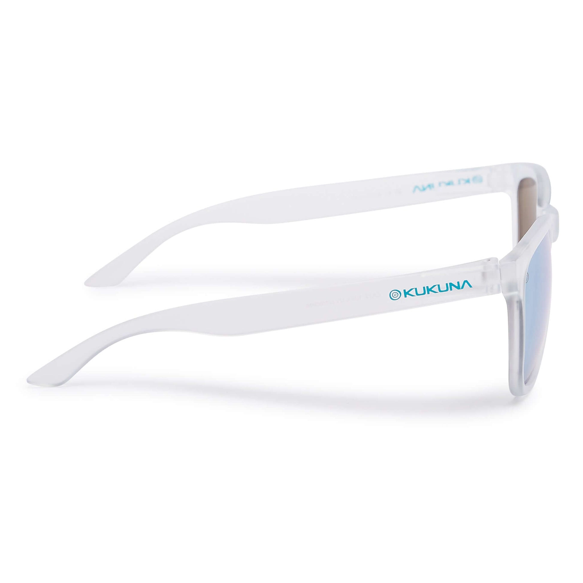 Kukuna® Fistral lifestyle sunglasses with clear frosted frame and blue mirror lens, perfect for outdoor adventures.