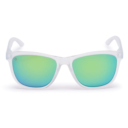Kukuna® Fistral lifestyle sunglasses with green mirror lens and frosted clear TR90 frame, perfect for outdoor adventures.