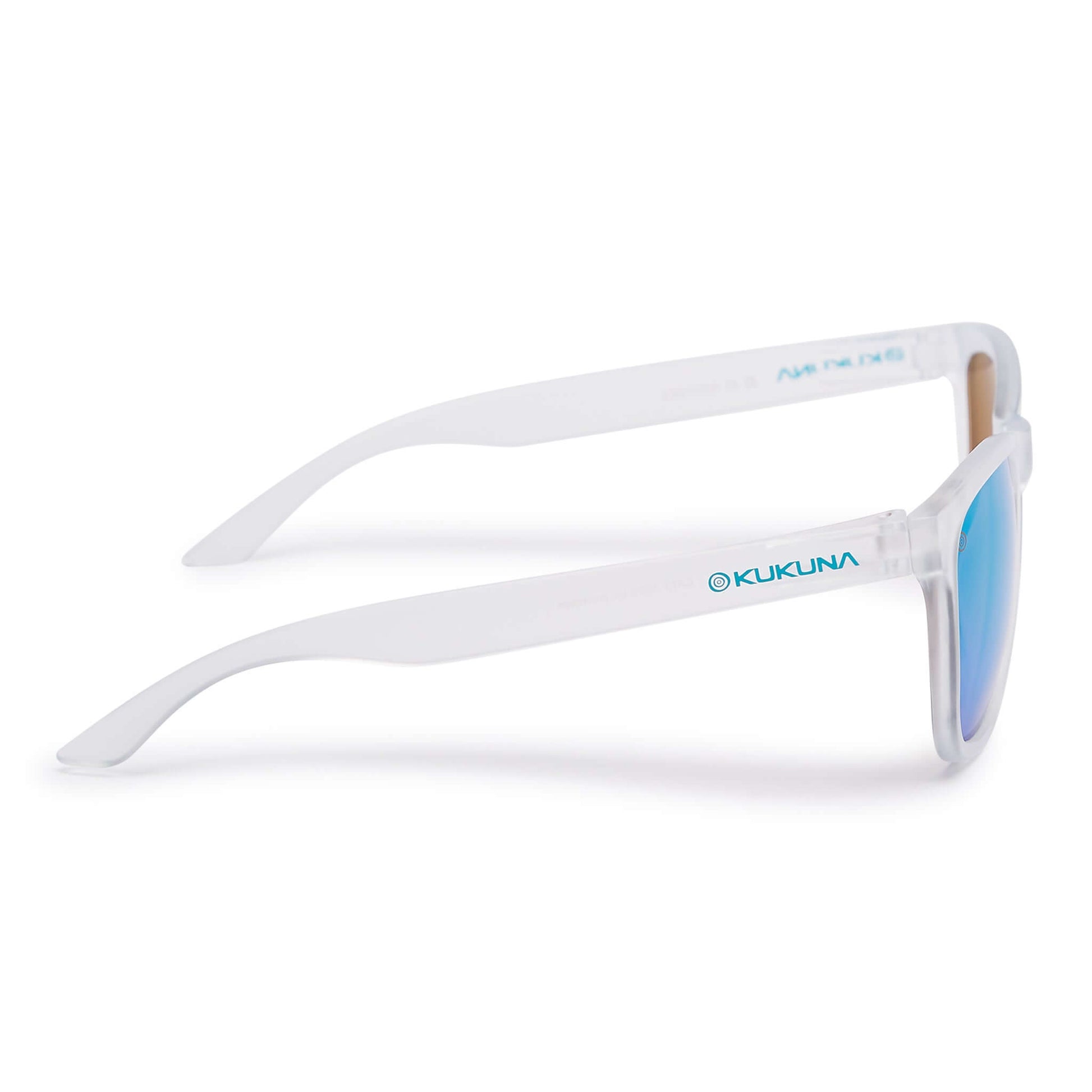 Kukuna® Fistral lifestyle sunglasses with frosted clear frame and green mirror lens, perfect for outdoor adventures.