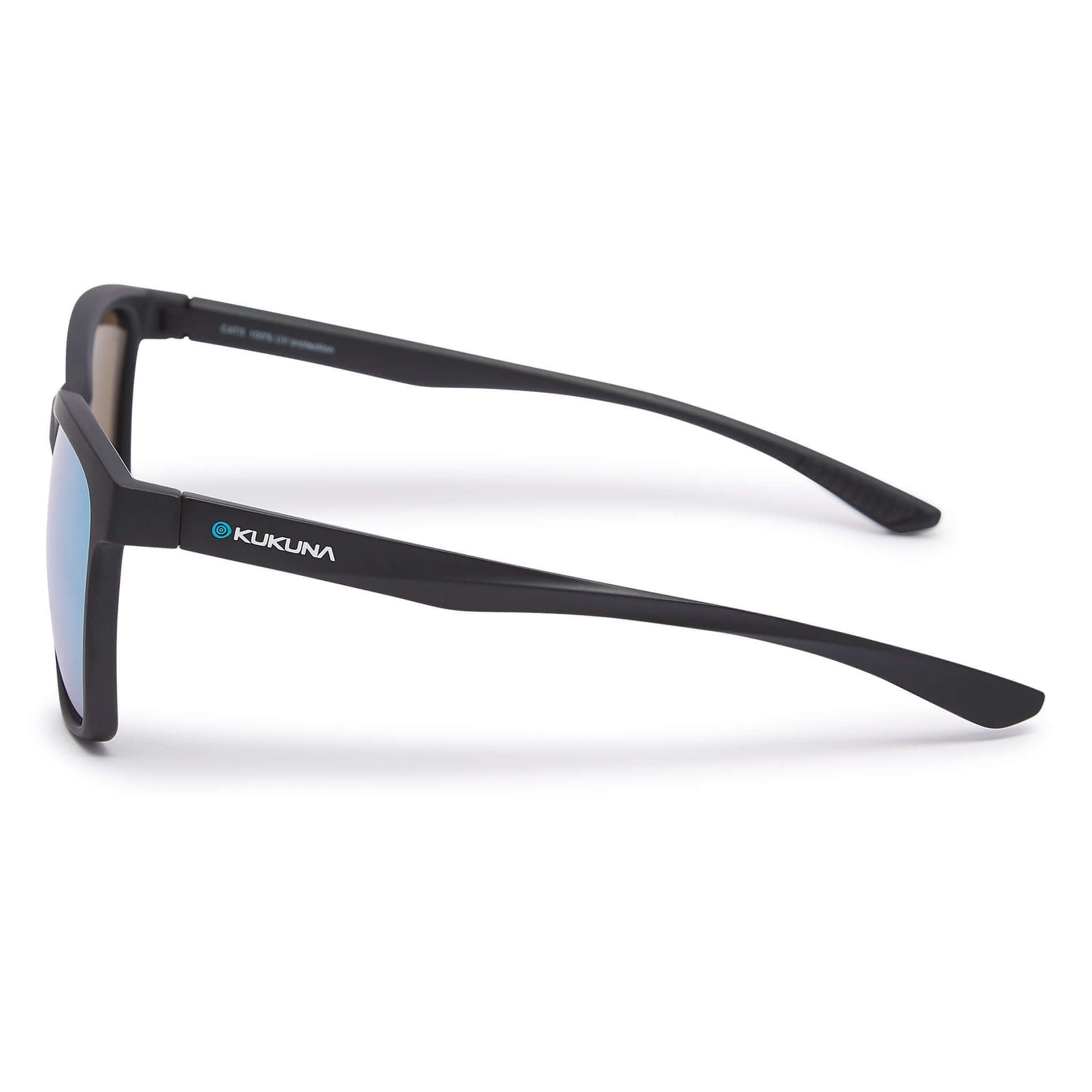 Kukuna® Seaton sunglasses with grey lens and blue mirror finish, featuring a matte black TR90 frame for a sleek look.