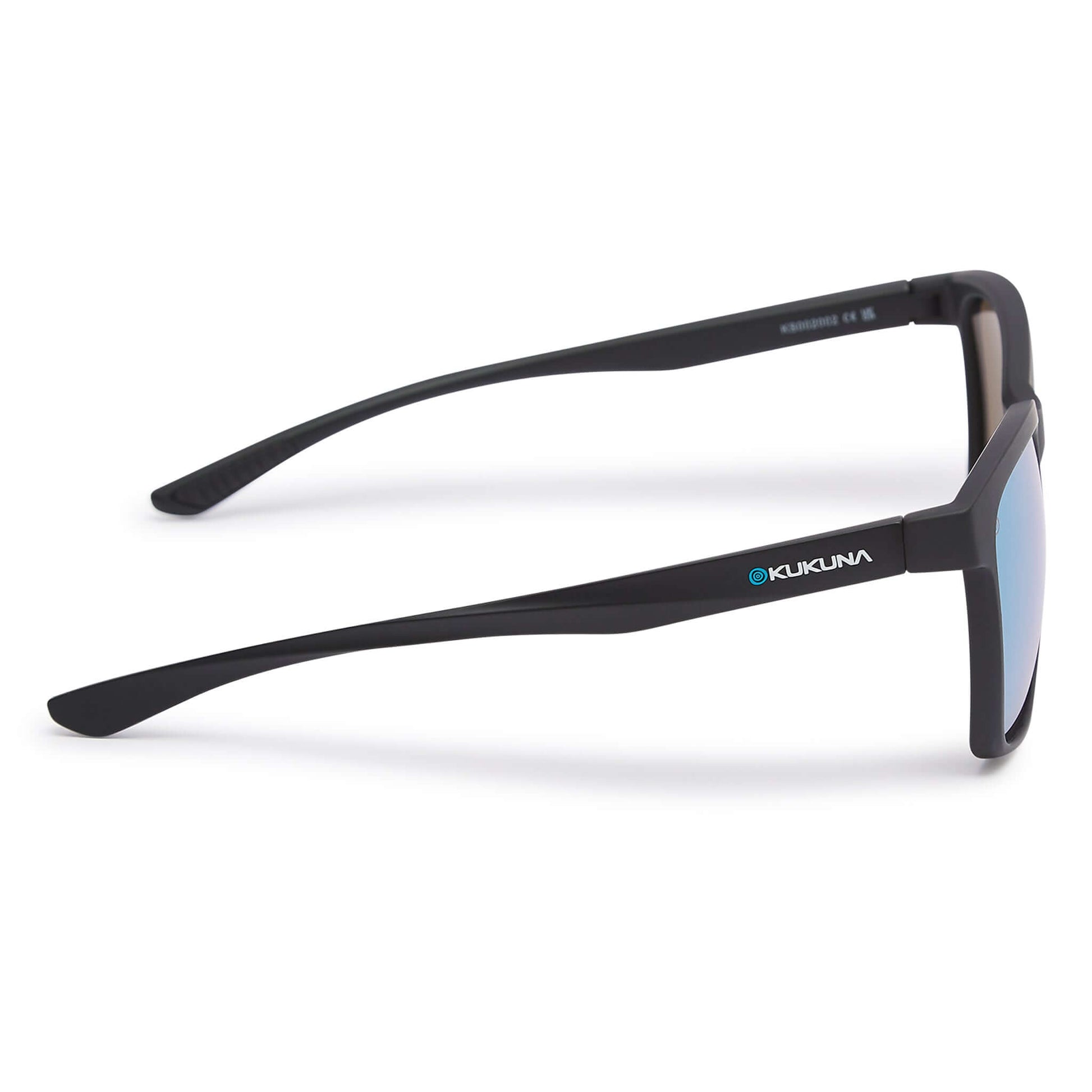 Kukuna Seaton lifestyle sunglasses with grey lens and blue mirror, featuring a sleek matt black TR90 frame.