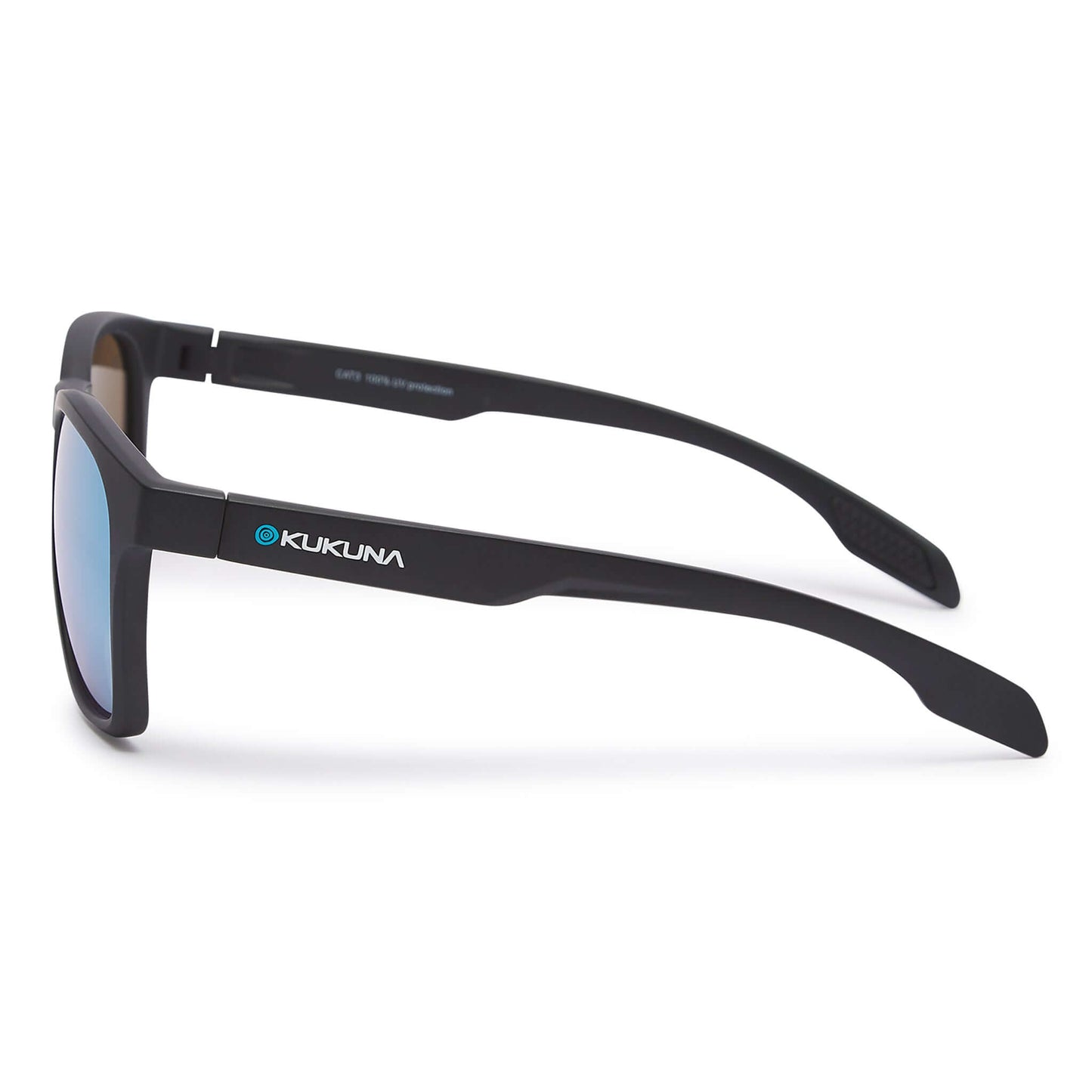 Kukuna® Dawlish lifestyle sunglasses featuring black TR90 frame and blue mirror grey lenses, perfect for outdoor adventures.
