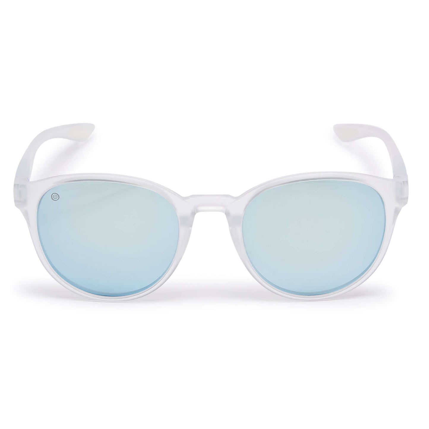 Kukuna® Hope Cove lifestyle sunglasses with grey lenses and blue mirror in a clear frosted TR90 frame.