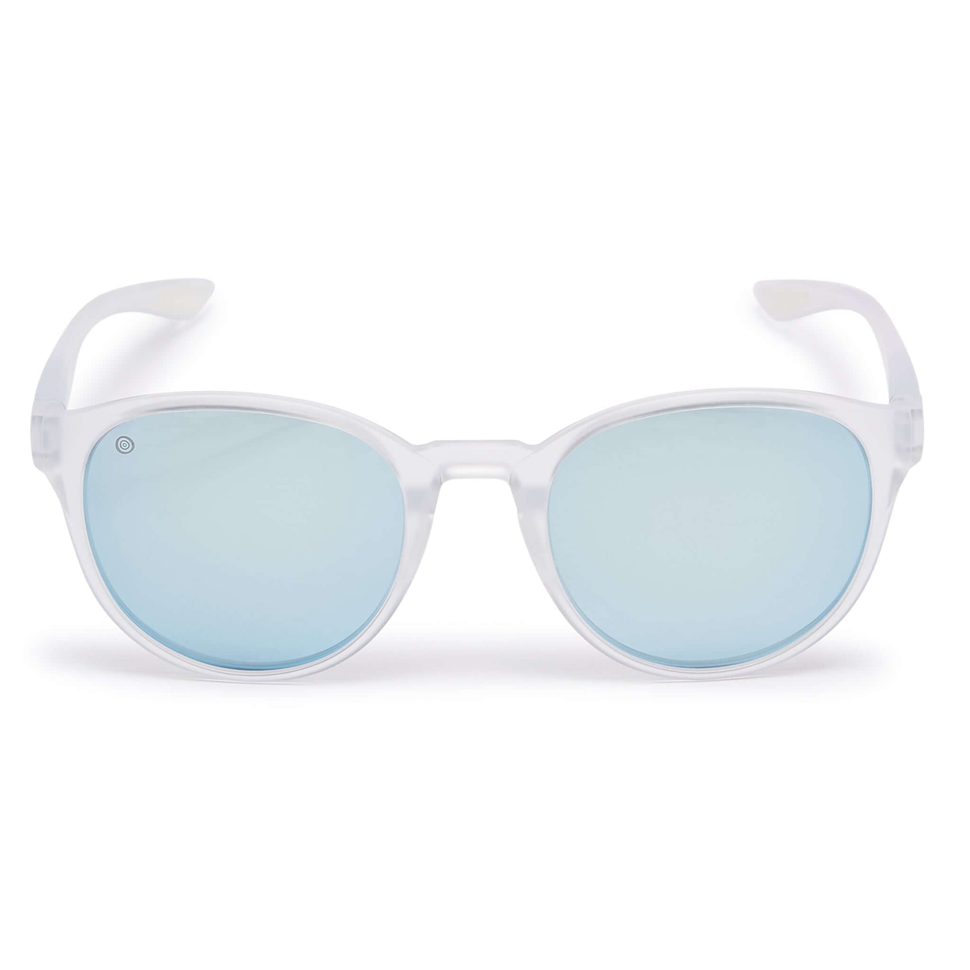 Kukuna® Hope Cove lifestyle sunglasses with grey lenses and blue mirror in a clear frosted TR90 frame.