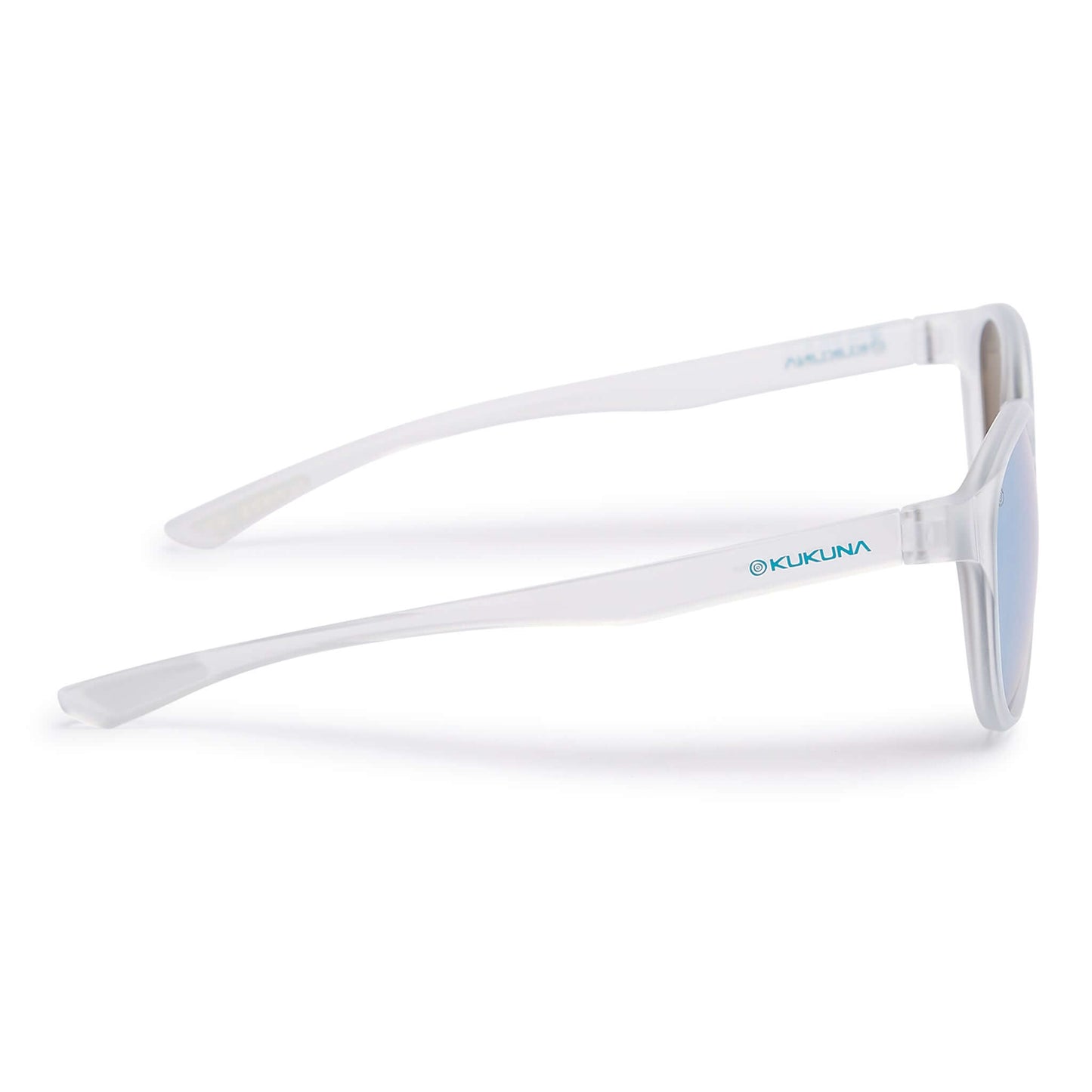 Kukuna® Hope Cove lifestyle sunglasses with grey lens and blue mirror, featuring a clear frosted TR90 frame.