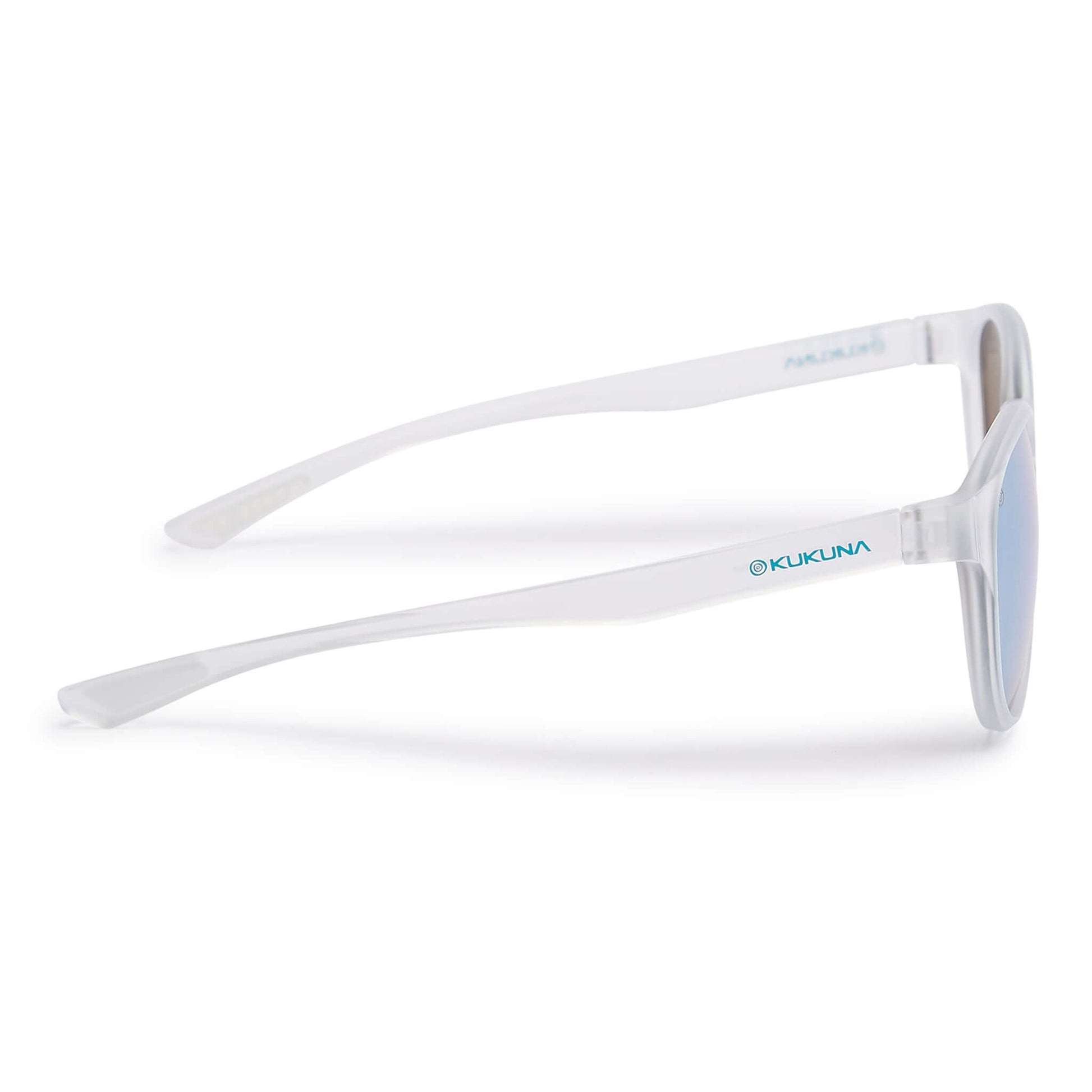 Kukuna® Hope Cove lifestyle sunglasses with grey lens and blue mirror, featuring a clear frosted TR90 frame.