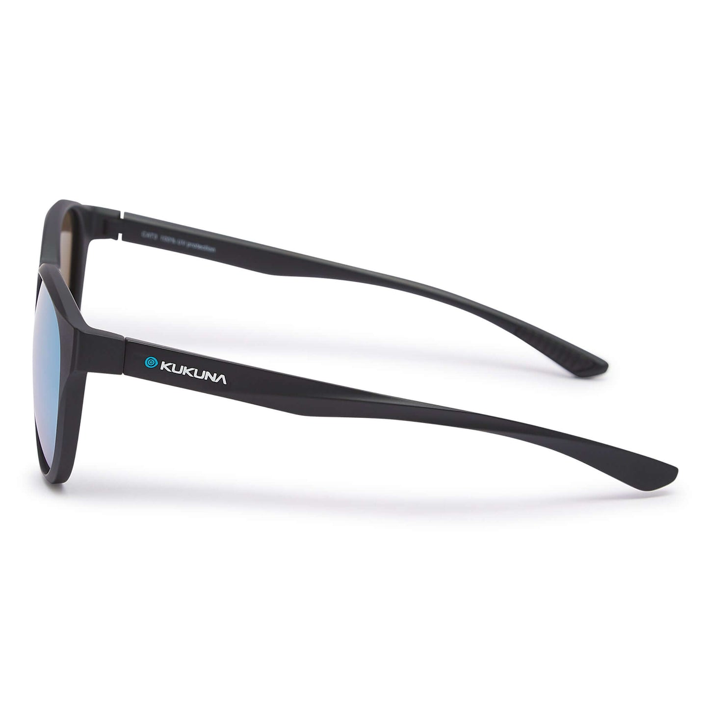 Kukuna® Hope Cove lifestyle sunglasses with grey lens and blue mirror, featuring a matte black TR90 frame.
