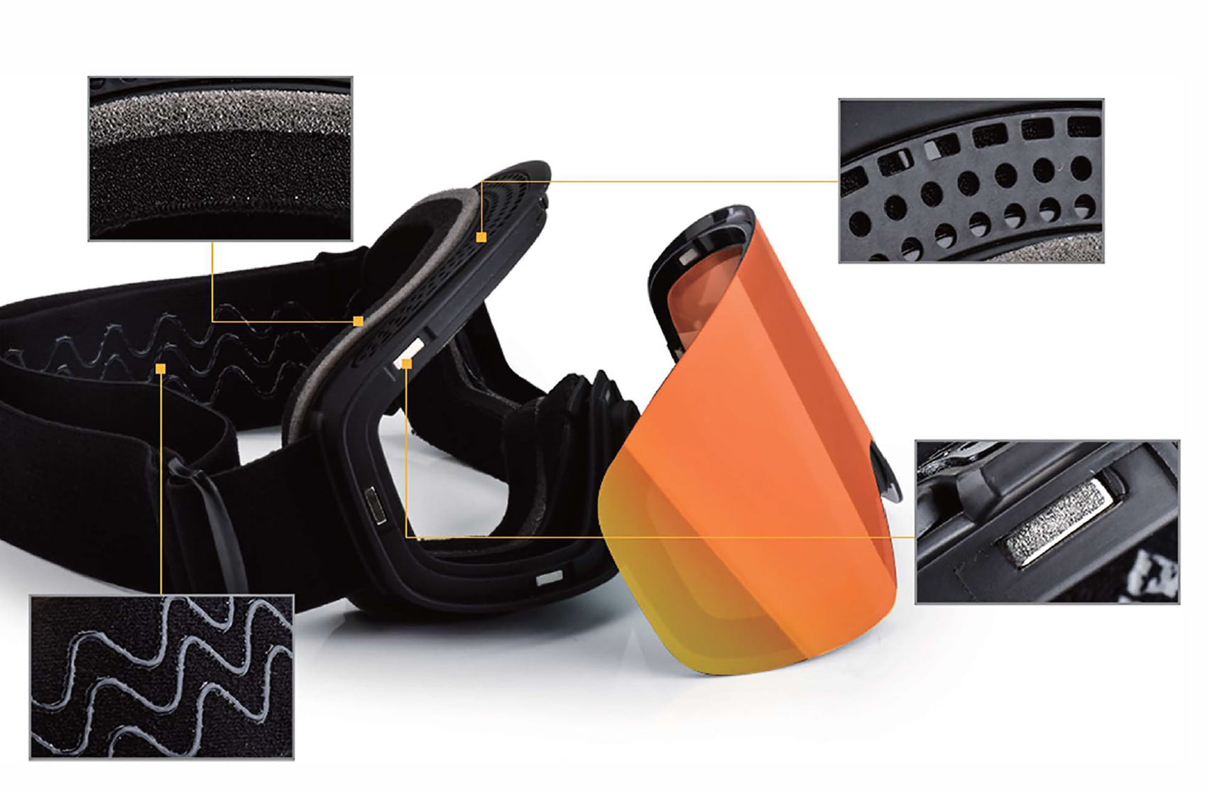 Close-up of a ski goggles with focus on lens and strap details.