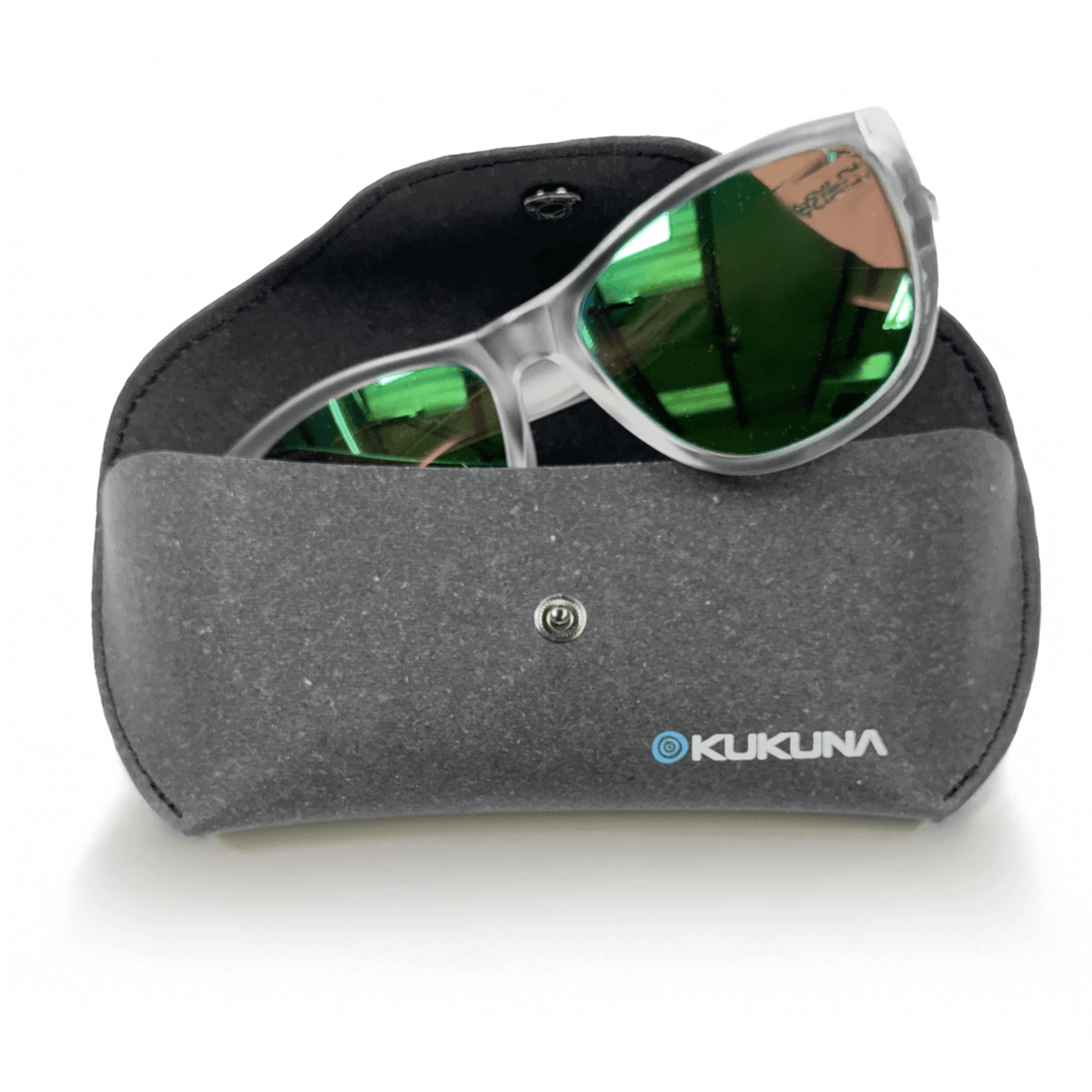 Kukuna® recycled leather sunglasses case in grey with soft lining, featuring green-tinted sunglasses inside for optimal protection.