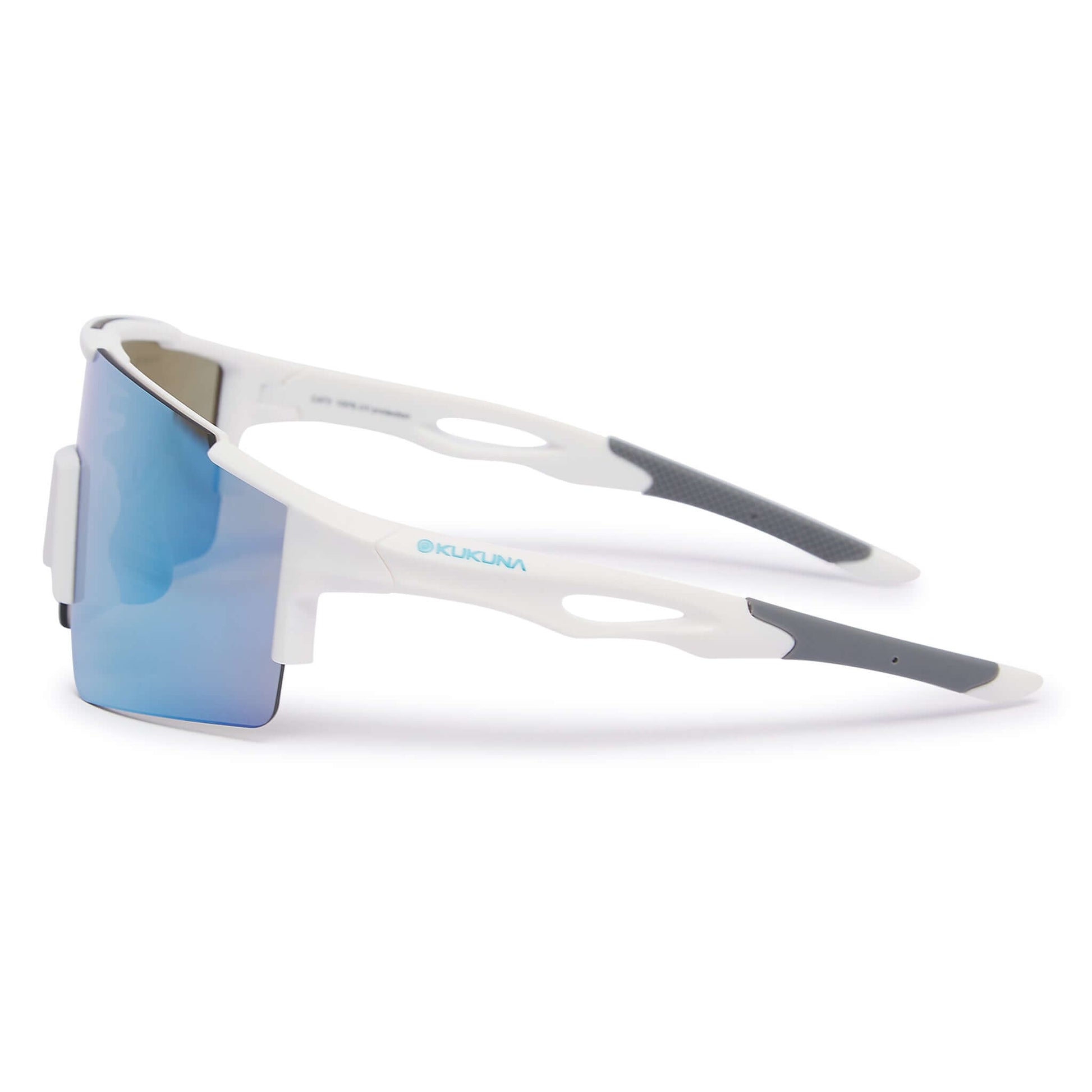 Kukuna Performance sunglasses with white frame and ice blue mirror lenses left side view