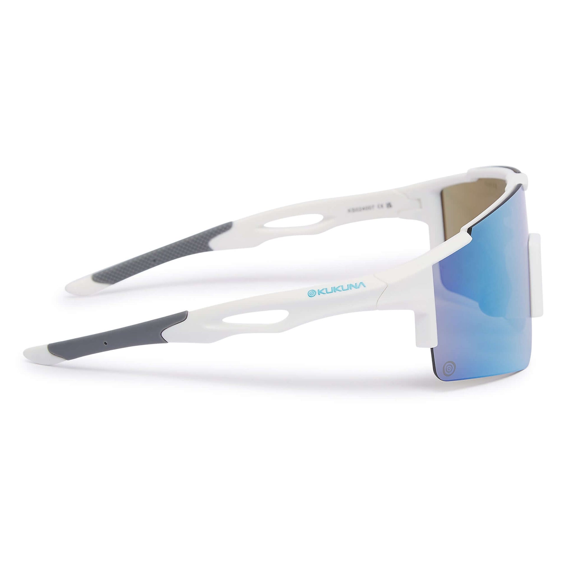 Kukuna Performance sunglasses with white frame and ice blue mirror lenses right side view