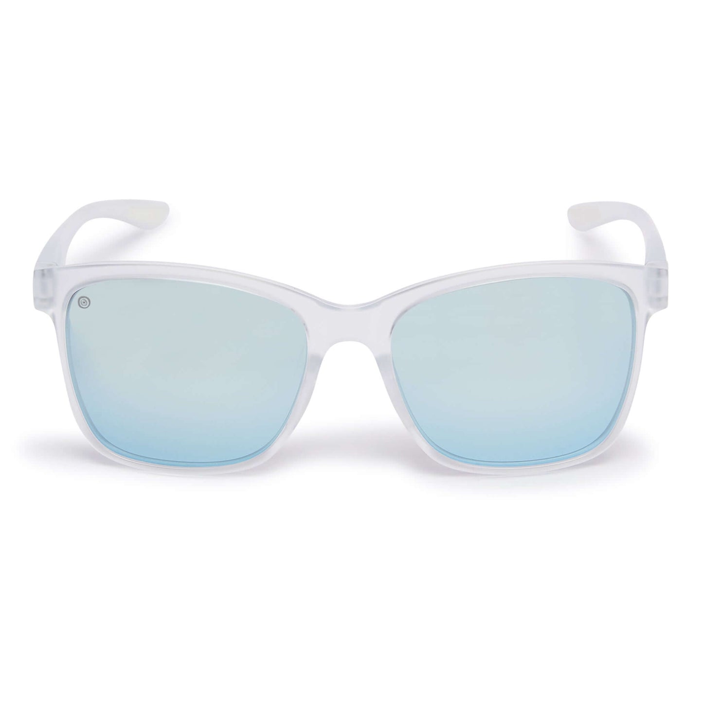 Kukuna Seaton lifestyle sunglasses with grey lens, blue mirror finish, and clear frosted TR90 frame for ultimate safety.