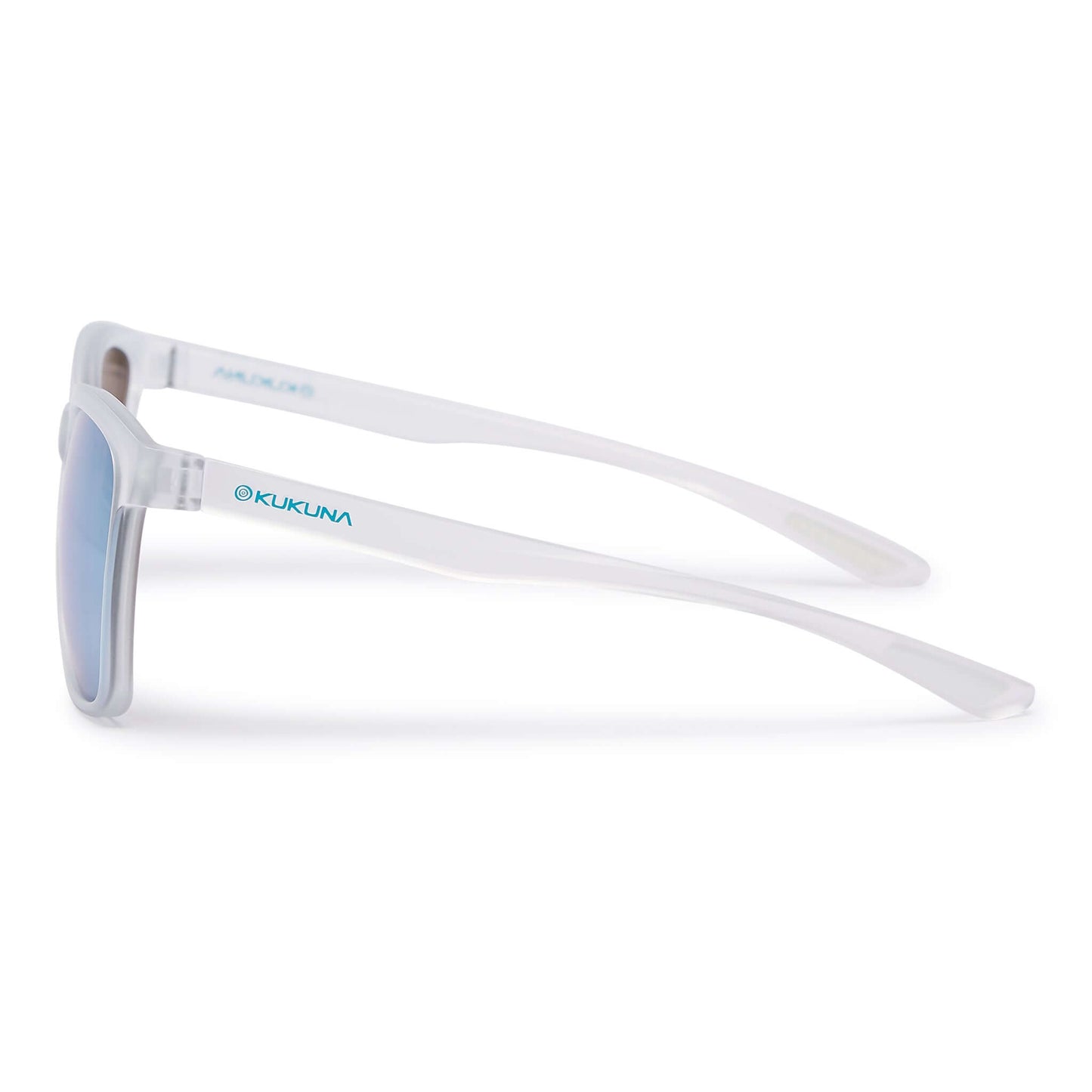 Kukuna Seaton lifestyle sunglasses with grey lens and blue mirror, featuring a clear frosted TR90 frame.