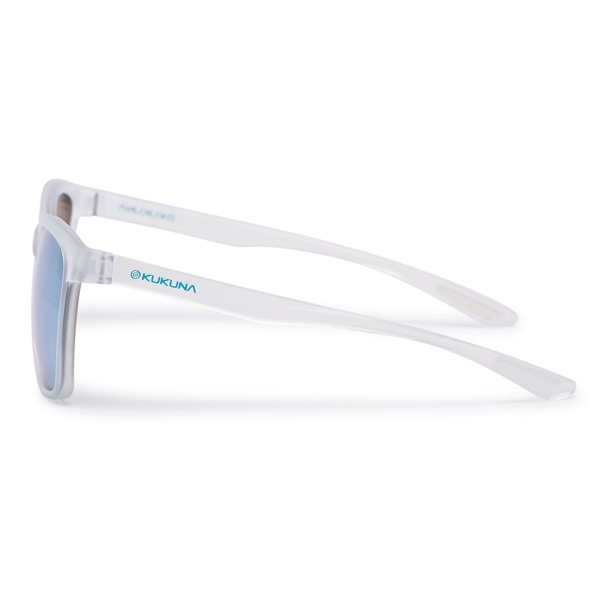 Kukuna Seaton lifestyle sunglasses with grey lens and blue mirror, featuring a clear frosted TR90 frame.