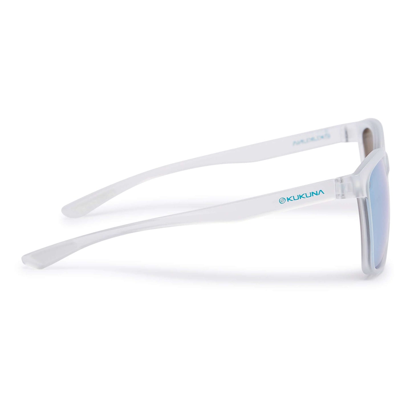 Kukuna Seaton lifestyle sunglasses with clear frosted TR90 frame and grey lens featuring blue mirror coating.