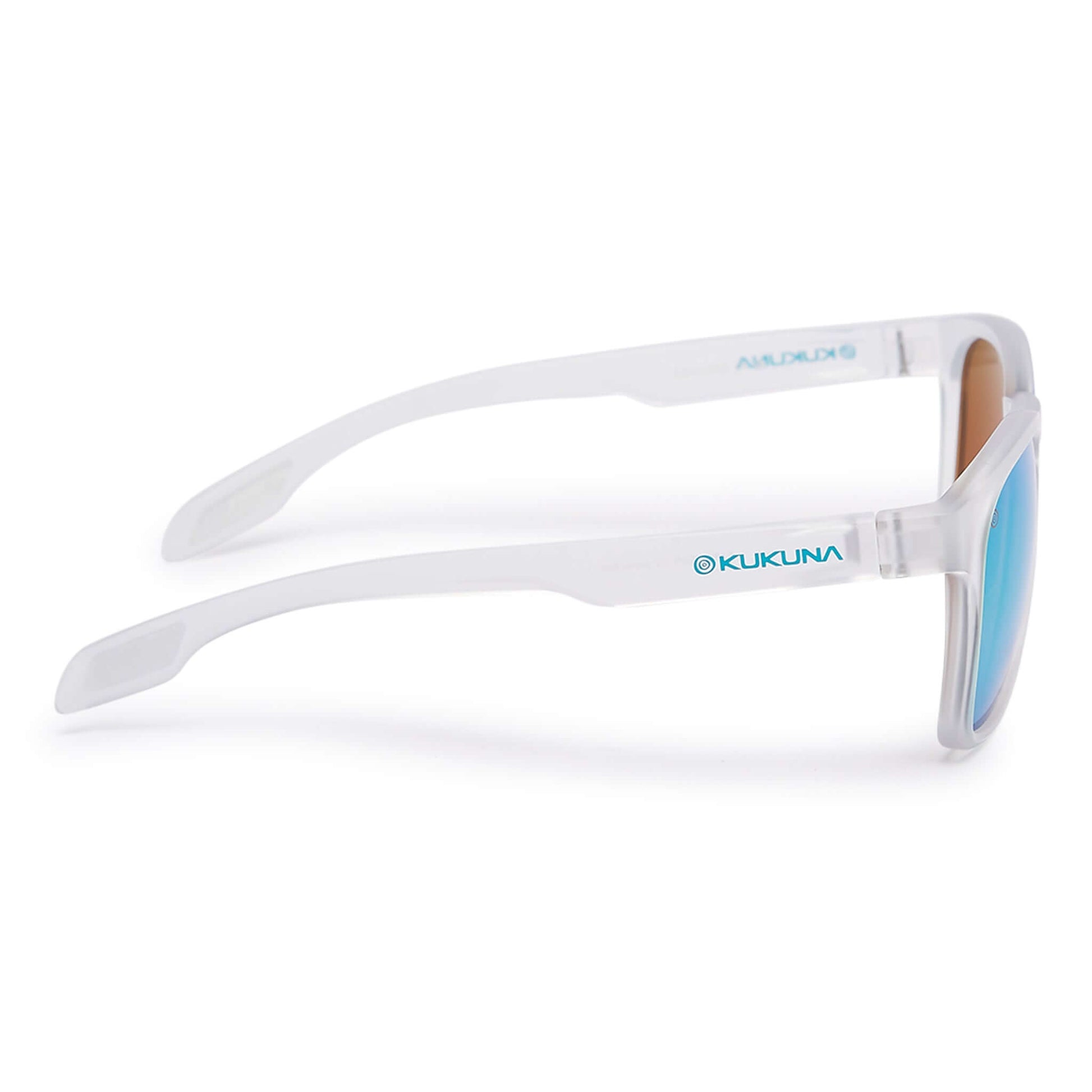 Kukuna® Dawlish lifestyle sunglasses with clear frosted frame and green mirror lenses, perfect for outdoor adventures.