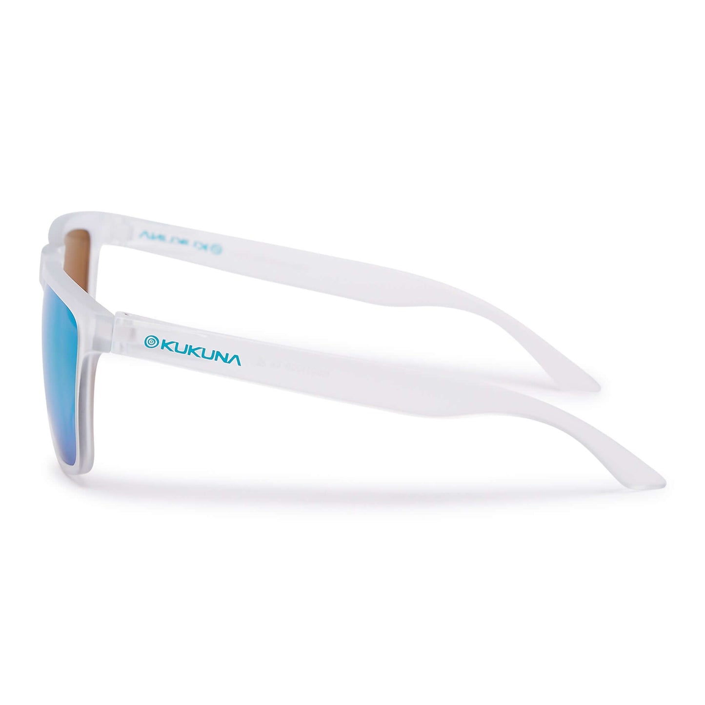 Kukuna Barricane polarised sunglasses with clear frosted frame and green mirror lenses left side view
