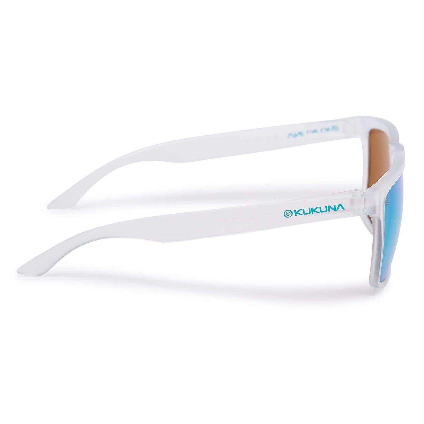 Kukuna Barricane polarised sunglasses with clear frosted frame and green mirror lenses right side view