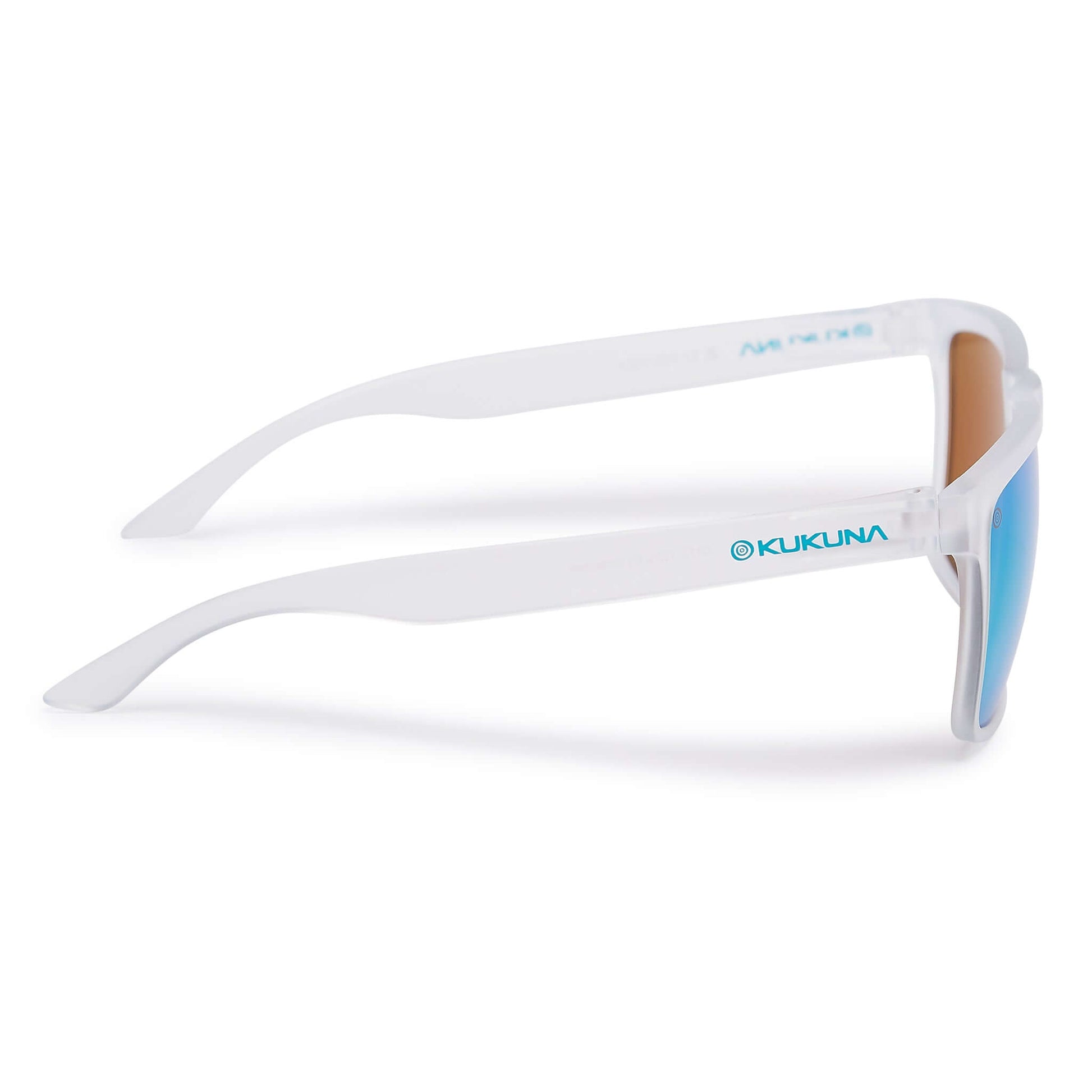 Kukuna Barricane polarised sunglasses with clear frosted frame and green mirror lenses right side view