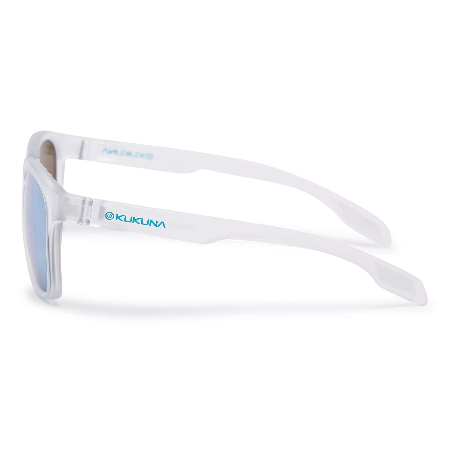 Kukuna® Dawlish lifestyle sunglasses with clear frosted frame and blue mirror lens, perfect for outdoor adventures.