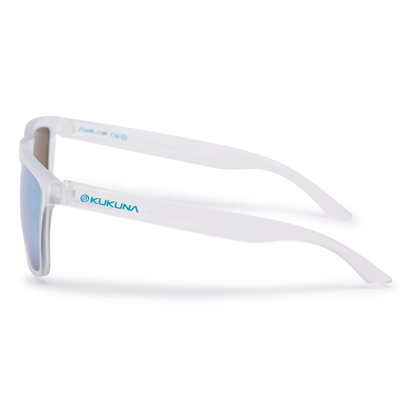 Kukuna Barricane durable sports glasses with clear frosted frame and blue mirror lenses left side