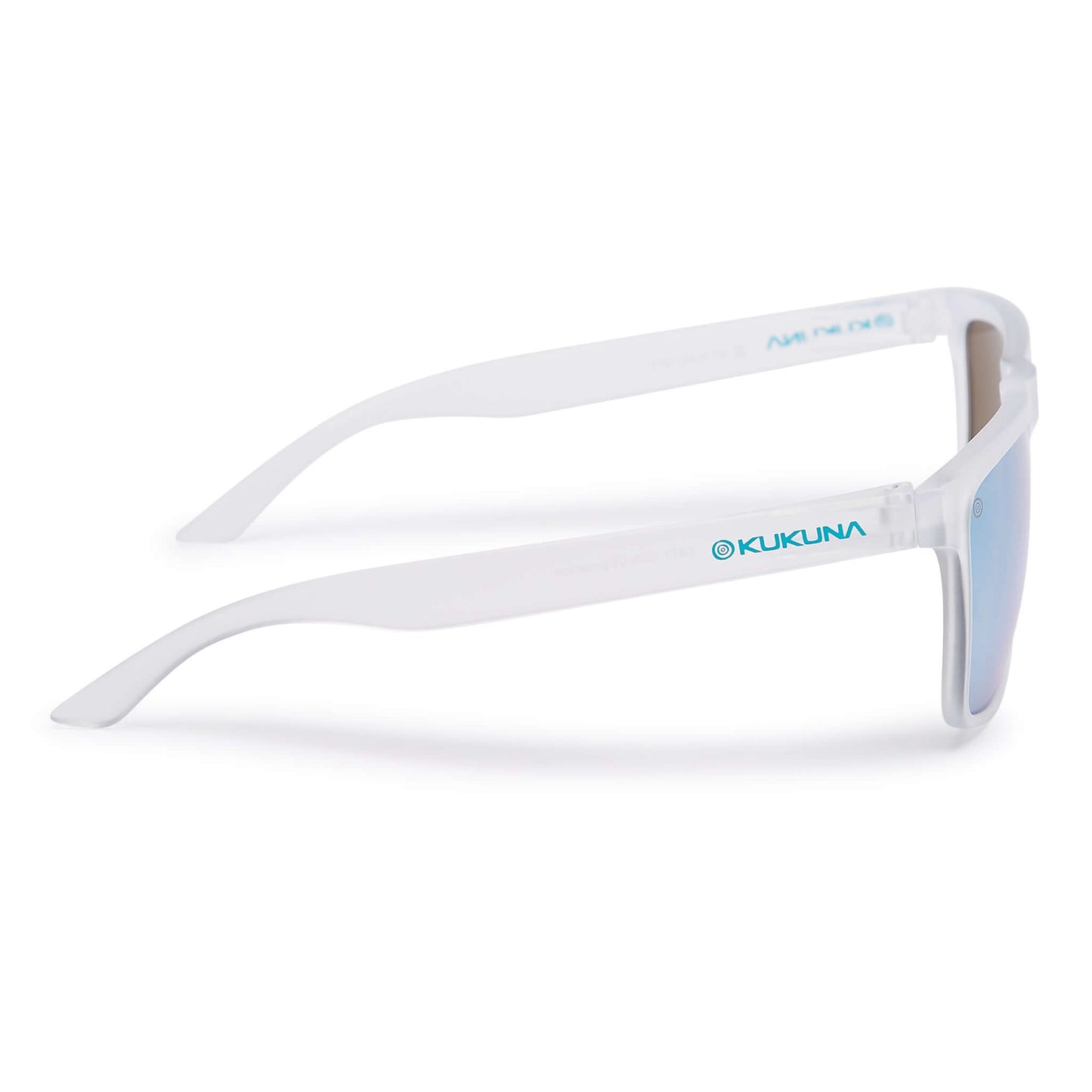 Kukuna Barricane durable sports glasses with clear frosted frame and blue mirror lenses right side