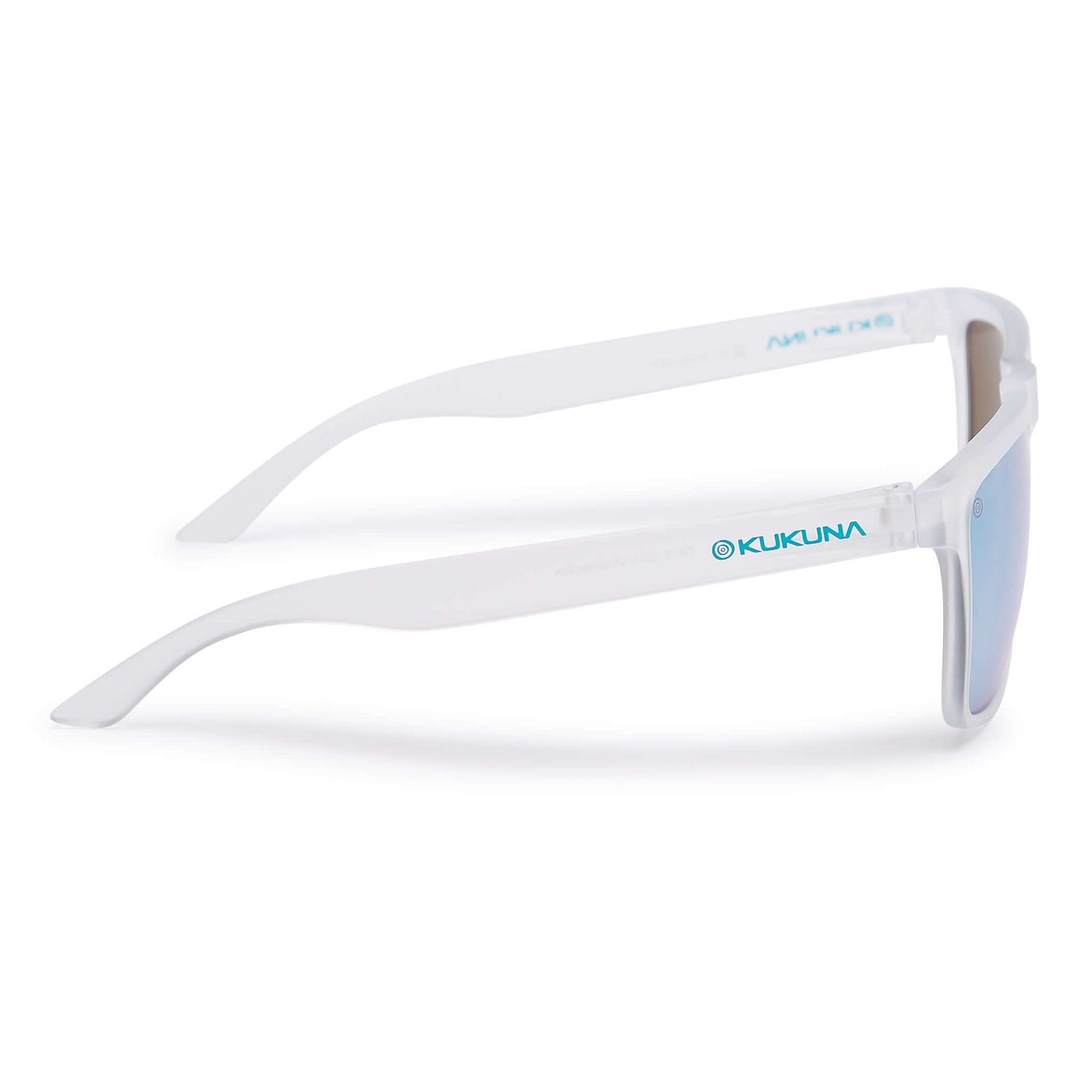 Kukuna Barricane durable sports glasses with clear frosted frame and blue mirror lenses right side