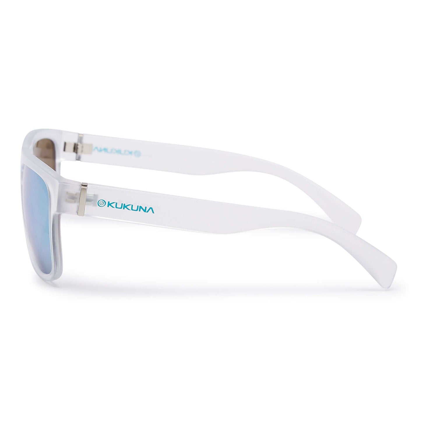 Kukuna® Nanjizal lifestyle sunglasses with grey lens and clear frosted TR90 frame, showcasing blue mirror finish.