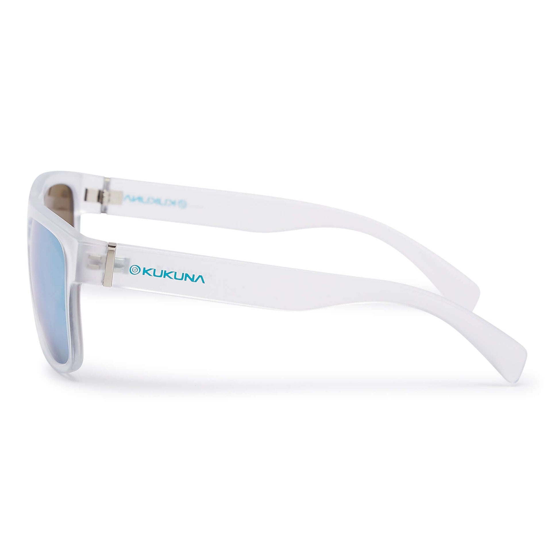 Kukuna® Nanjizal lifestyle sunglasses with grey lens and clear frosted TR90 frame, showcasing blue mirror finish.