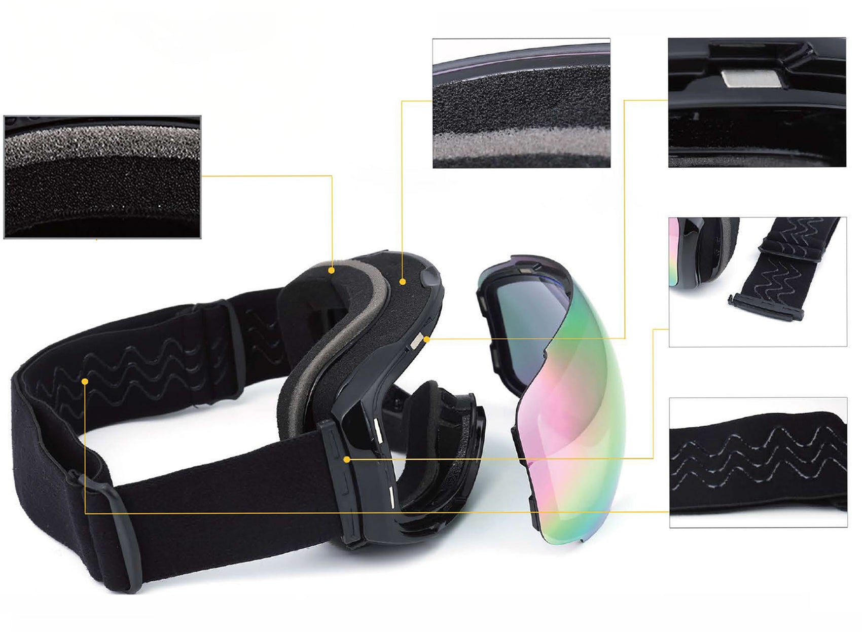 Black ski goggles with a strap and close-up details on a white background