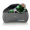 Kukuna® recycled leather sunglasses case in grey with soft lining, featuring green-tinted sunglasses inside for optimal protection.
